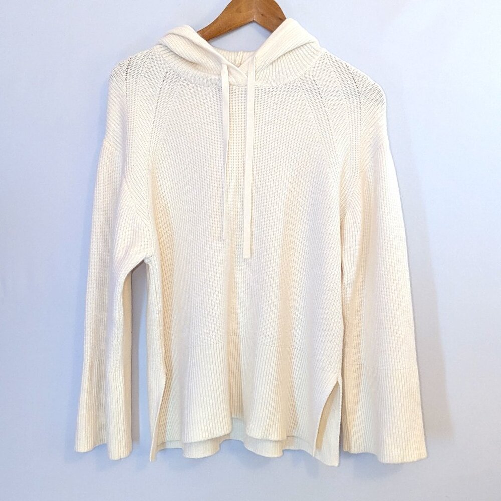 CALIA | Cashmere Blend Ribbed Knit Hooded Sweater Pullover in Cream | Small - Picture 6 of 14